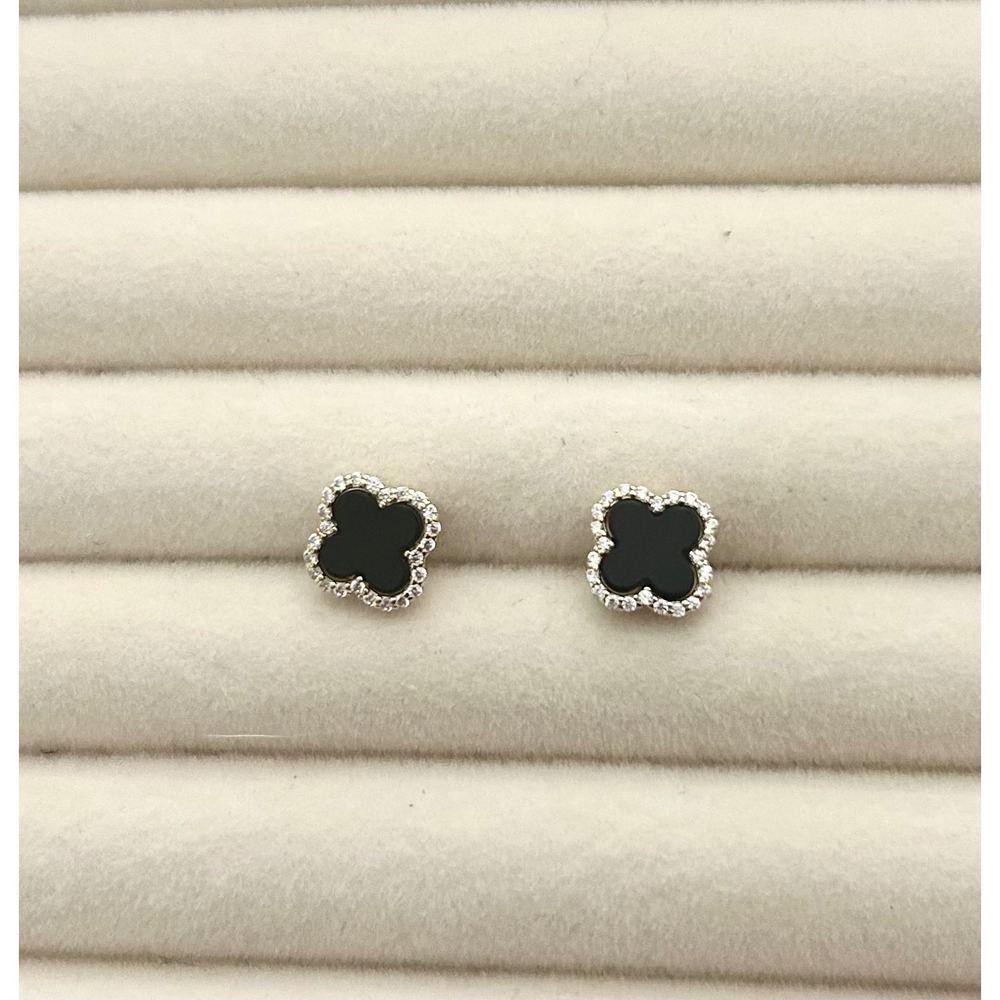 Black Agate 4 Leaf  CZ Halo Stud Earrings 925 Sterling Silver 10mm